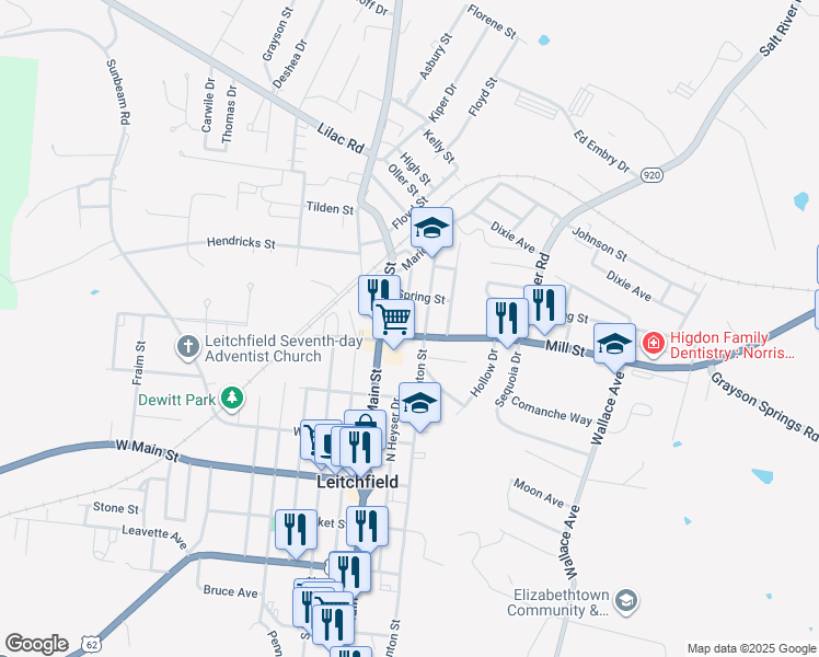 map of restaurants, bars, coffee shops, grocery stores, and more near 201 Mill Street in Leitchfield
