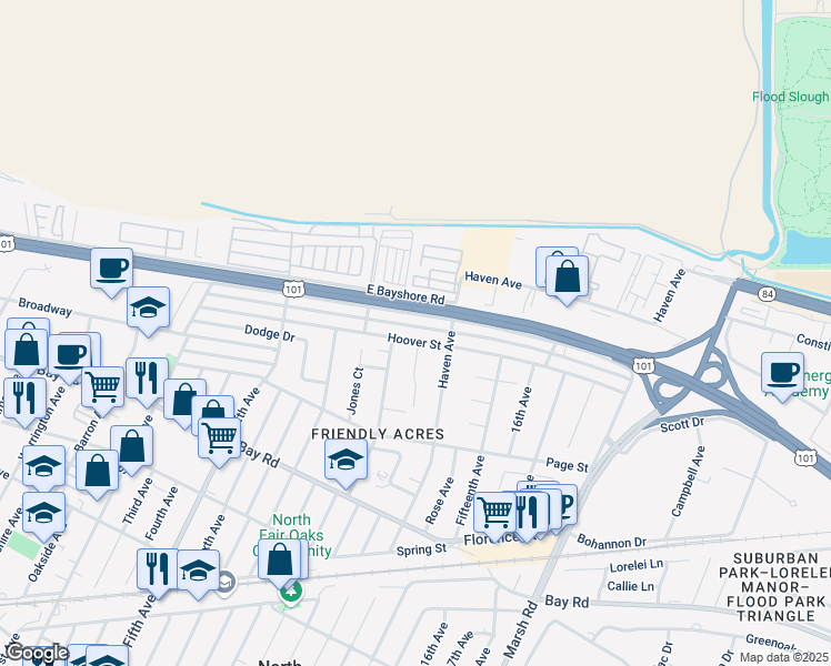 map of restaurants, bars, coffee shops, grocery stores, and more near 3461 Hoover Street in Redwood City