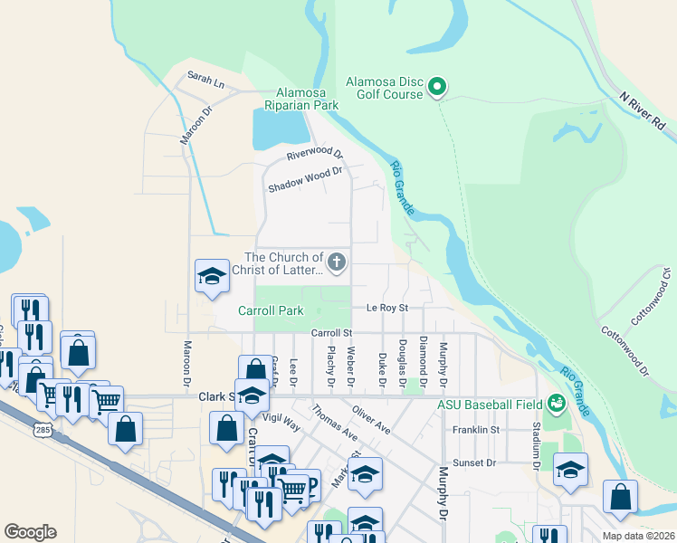 map of restaurants, bars, coffee shops, grocery stores, and more near 955 Weber Drive in Alamosa
