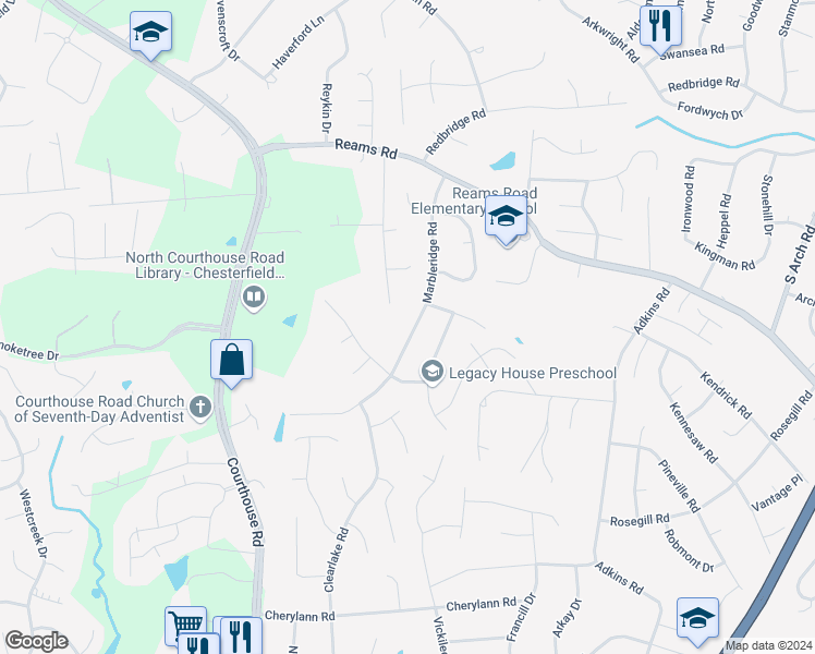 map of restaurants, bars, coffee shops, grocery stores, and more near 418 Marbleridge Road in Richmond