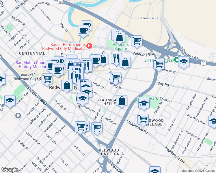 map of restaurants, bars, coffee shops, grocery stores, and more near 718 Beech Street in Redwood City