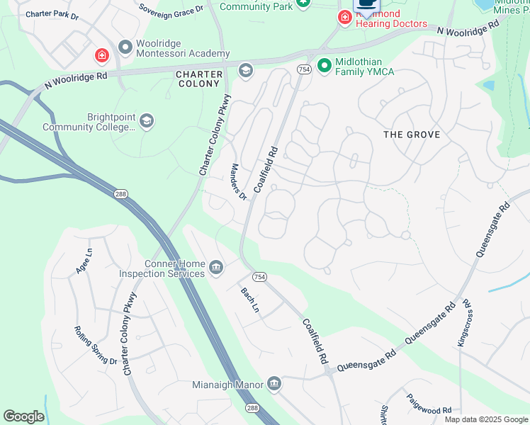 map of restaurants, bars, coffee shops, grocery stores, and more near 1406 Hawkins Wood Circle in Midlothian
