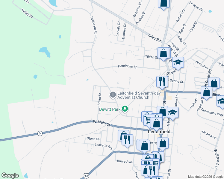 map of restaurants, bars, coffee shops, grocery stores, and more near 301-599 Sunbeam Road in Leitchfield