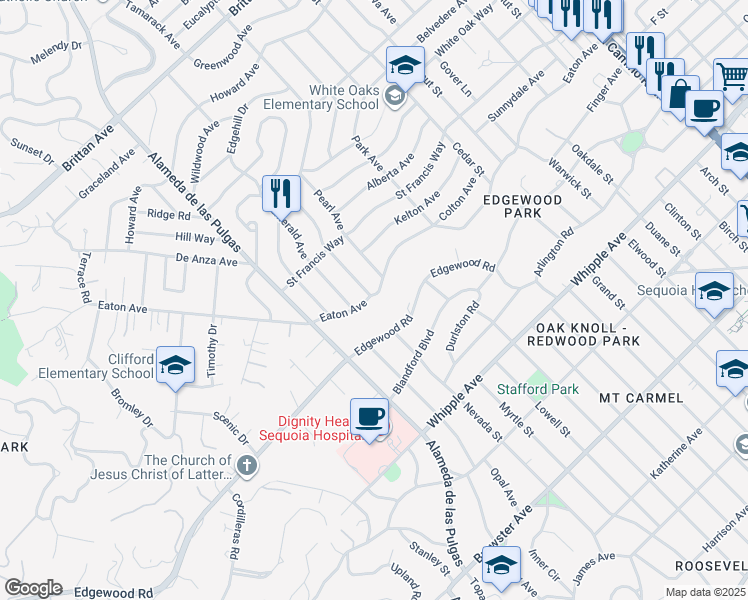 map of restaurants, bars, coffee shops, grocery stores, and more near 2145 Eaton Avenue in San Carlos