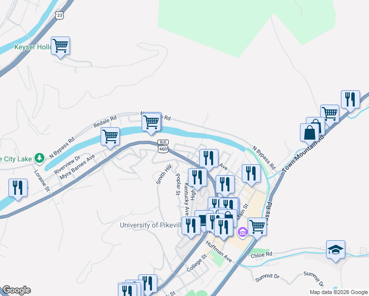 map of restaurants, bars, coffee shops, grocery stores, and more near 239-299 Scott Avenue in Pikeville