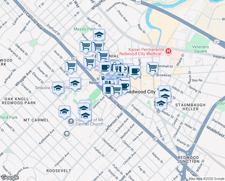 map of restaurants, bars, coffee shops, grocery stores, and more near 1027 El Camino Real in Redwood City