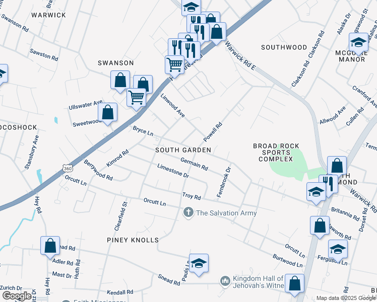 map of restaurants, bars, coffee shops, grocery stores, and more near 5407 Bryce Lane in Richmond