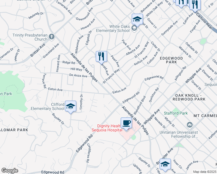 map of restaurants, bars, coffee shops, grocery stores, and more near 236 Garnet Avenue in San Carlos