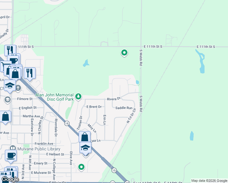 map of restaurants, bars, coffee shops, grocery stores, and more near 914 North Cedar Brook Circle in Mulvane