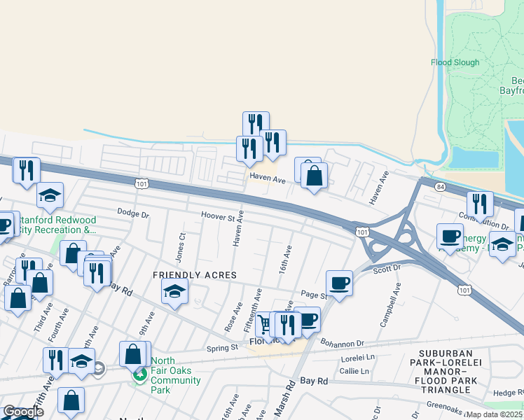 map of restaurants, bars, coffee shops, grocery stores, and more near 3540 Rolison Road in Redwood City