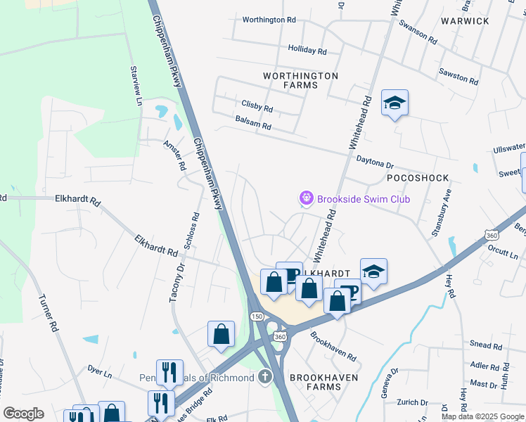 map of restaurants, bars, coffee shops, grocery stores, and more near 1404 Barriedale Road in Richmond