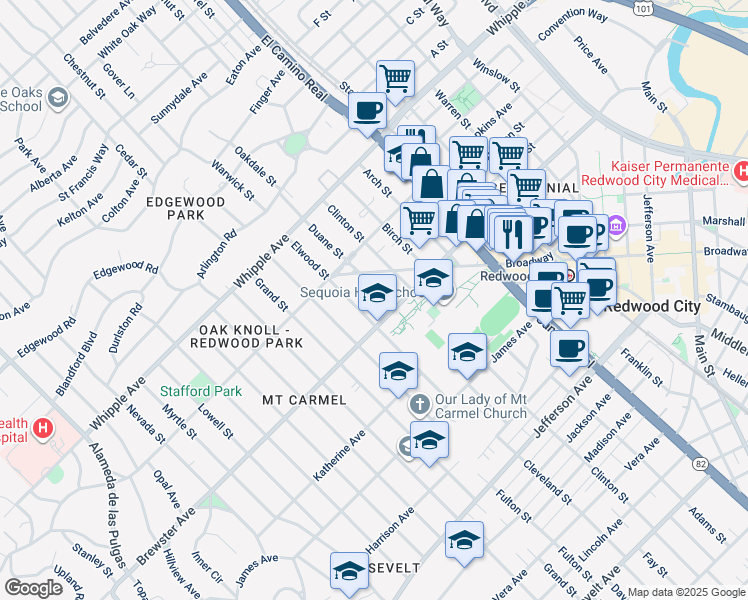 map of restaurants, bars, coffee shops, grocery stores, and more near 176 Duane Street in Redwood City