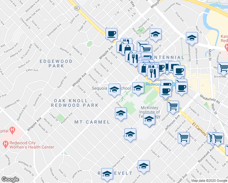 map of restaurants, bars, coffee shops, grocery stores, and more near 191 Duane Street in Redwood City