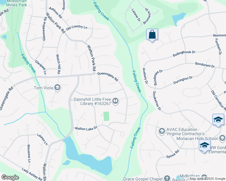 map of restaurants, bars, coffee shops, grocery stores, and more near 12518 Walton Ridge Lane in Midlothian