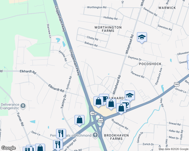 map of restaurants, bars, coffee shops, grocery stores, and more near 1404 Barriedale Road in Richmond