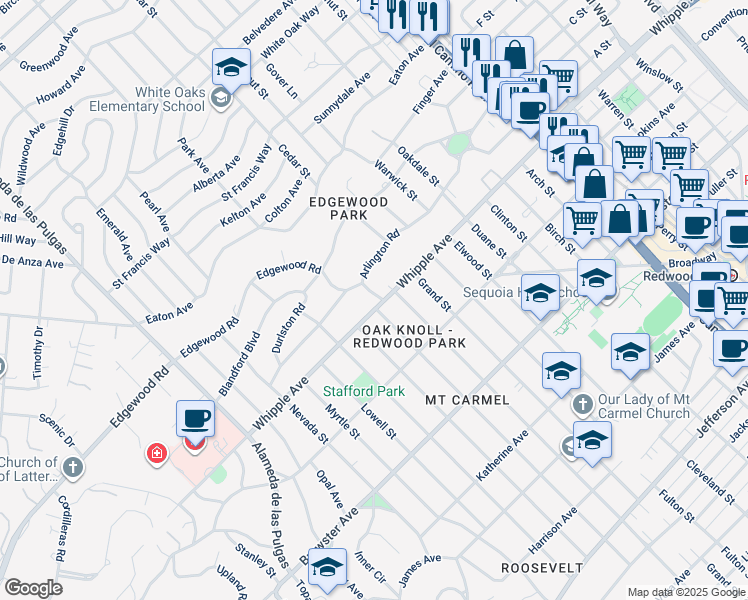map of restaurants, bars, coffee shops, grocery stores, and more near 1842 Whipple Ave in Redwood City