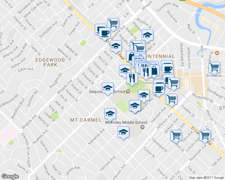 map of restaurants, bars, coffee shops, grocery stores, and more near 191 Duane Street in Redwood City