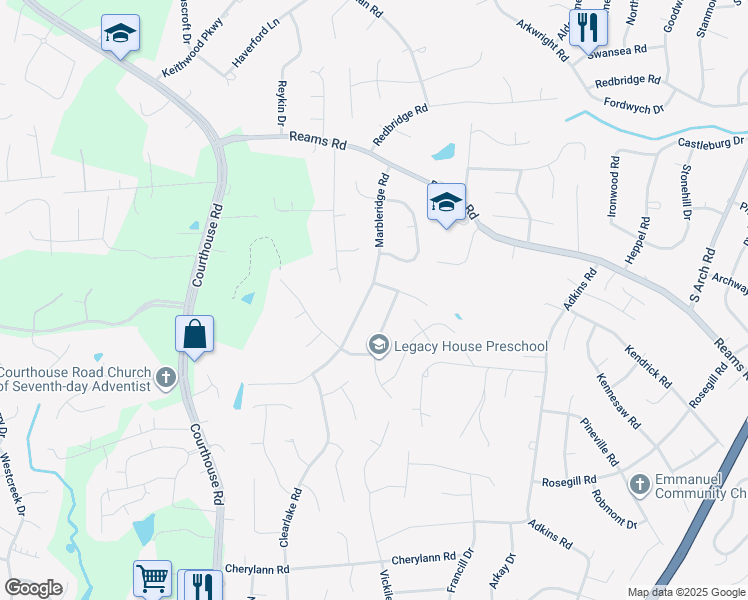map of restaurants, bars, coffee shops, grocery stores, and more near 409 Marbleridge Road in Richmond