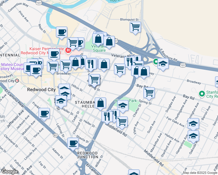 map of restaurants, bars, coffee shops, grocery stores, and more near 700 Bay Rd in Redwood City
