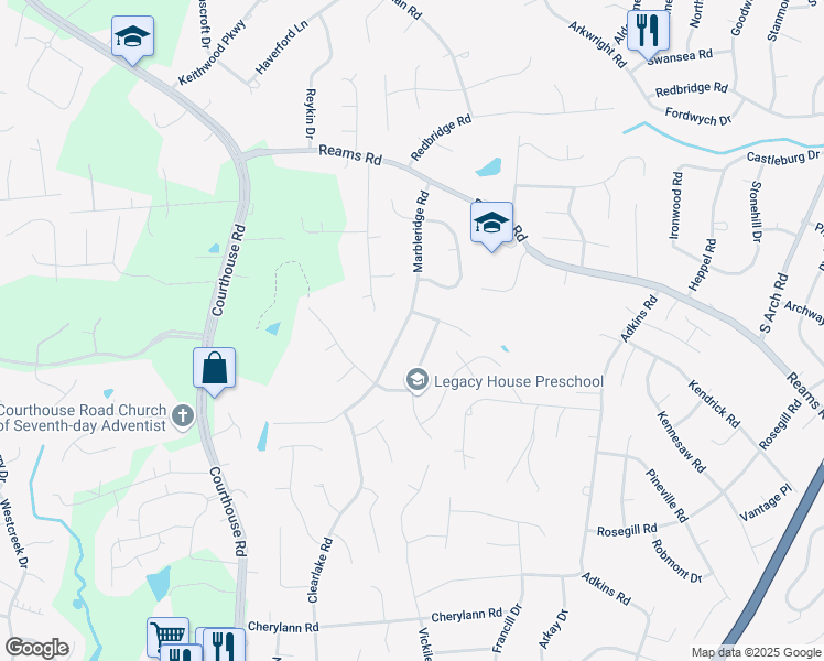 map of restaurants, bars, coffee shops, grocery stores, and more near 409 Marbleridge Road in Richmond