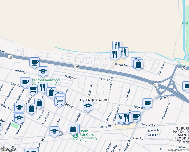 map of restaurants, bars, coffee shops, grocery stores, and more near 3407 Hoover Street in Redwood City