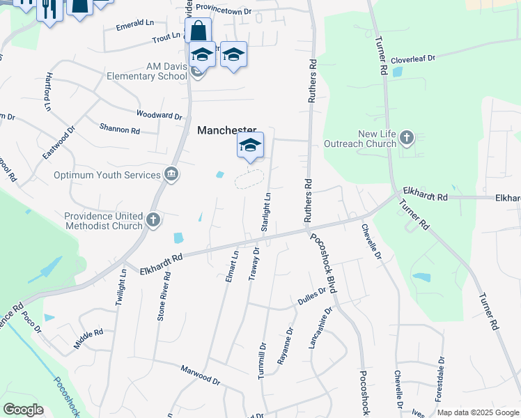 map of restaurants, bars, coffee shops, grocery stores, and more near 1116 Starlight Lane in Richmond