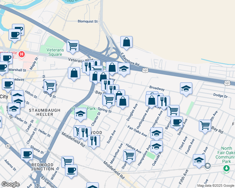 map of restaurants, bars, coffee shops, grocery stores, and more near 2385 Bay Road in Redwood City