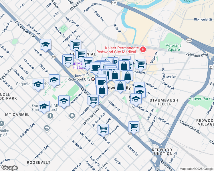 map of restaurants, bars, coffee shops, grocery stores, and more near 900 Jefferson Avenue in Redwood City