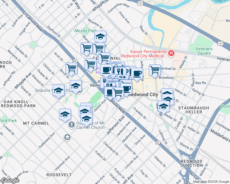 map of restaurants, bars, coffee shops, grocery stores, and more near 1027 El Camino Real in Redwood City