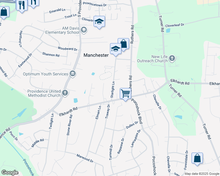 map of restaurants, bars, coffee shops, grocery stores, and more near 1116 Starlight Lane in Richmond