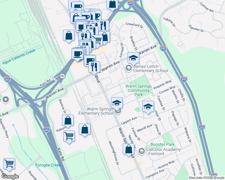 map of restaurants, bars, coffee shops, grocery stores, and more near 161 Hackamore Lane in Fremont