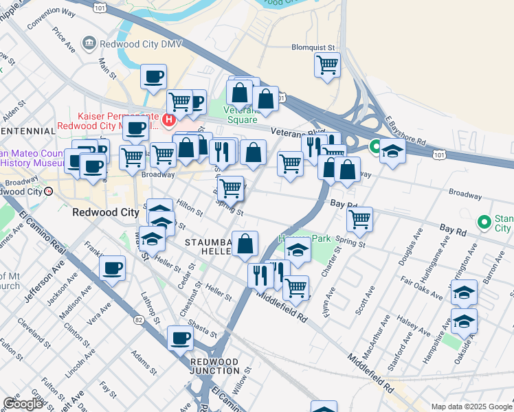 map of restaurants, bars, coffee shops, grocery stores, and more near 700 Bay Road in Redwood City