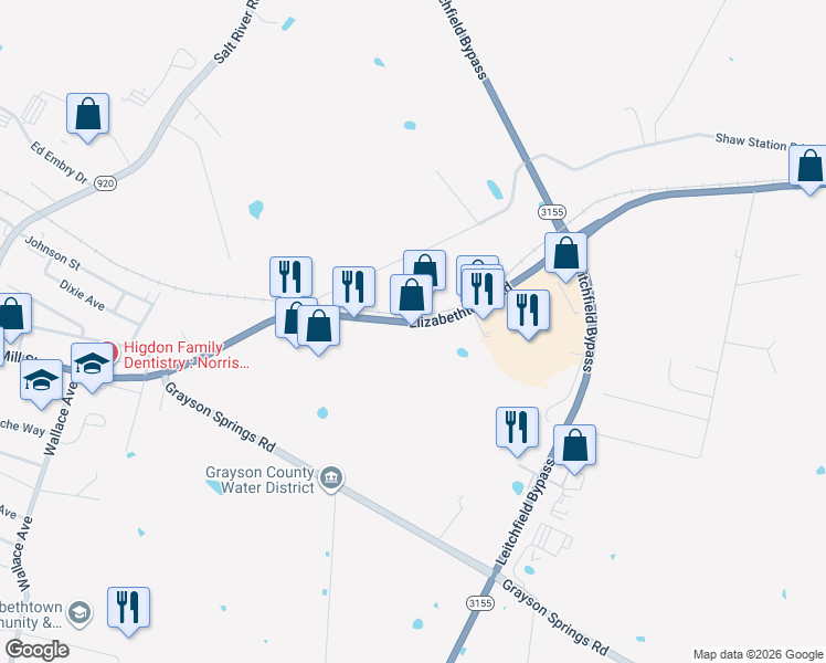 map of restaurants, bars, coffee shops, grocery stores, and more near 1030 West Main Street in Leitchfield
