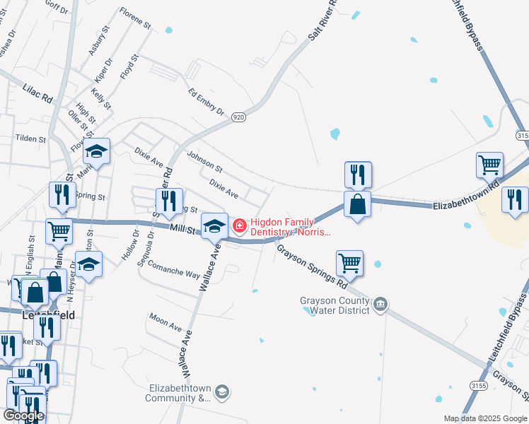 map of restaurants, bars, coffee shops, grocery stores, and more near 718-724 Johnson Street in Leitchfield