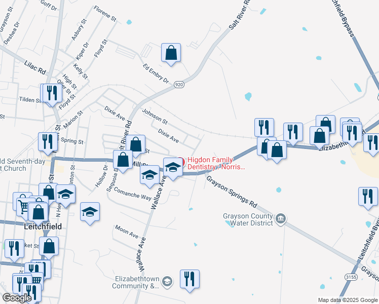 map of restaurants, bars, coffee shops, grocery stores, and more near 718 Johnson Street in Leitchfield