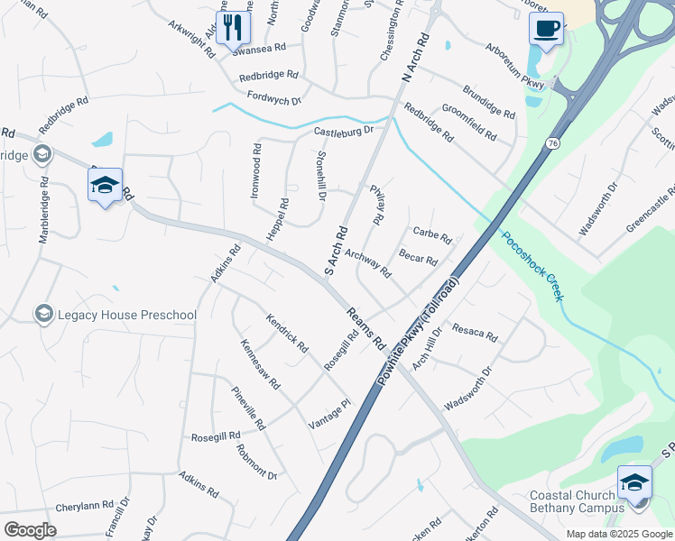 map of restaurants, bars, coffee shops, grocery stores, and more near 317 South Arch Road in Richmond