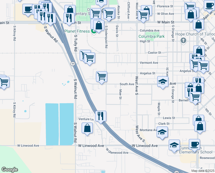 map of restaurants, bars, coffee shops, grocery stores, and more near 800 South Soderquist Road in Turlock
