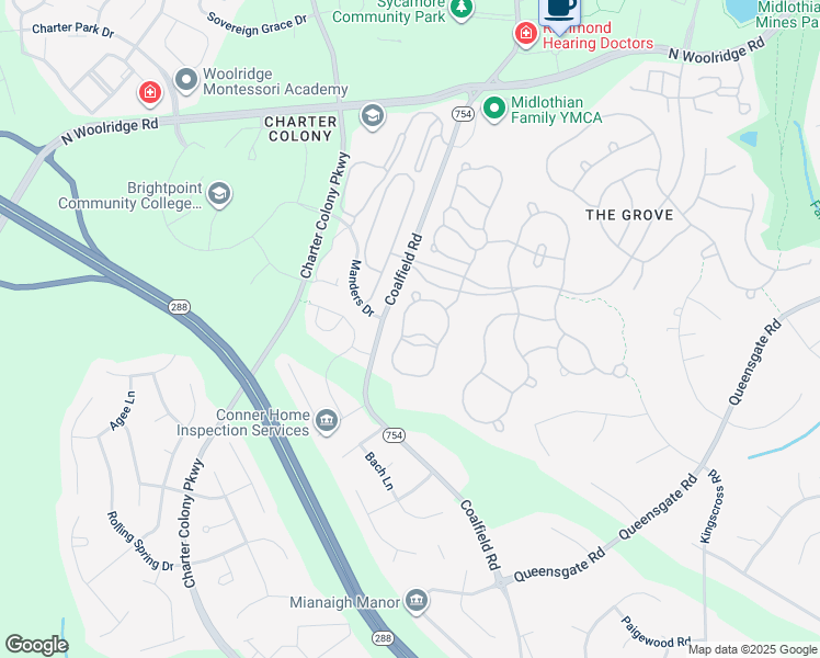 map of restaurants, bars, coffee shops, grocery stores, and more near 1406 Hawkins Wood Circle in Midlothian