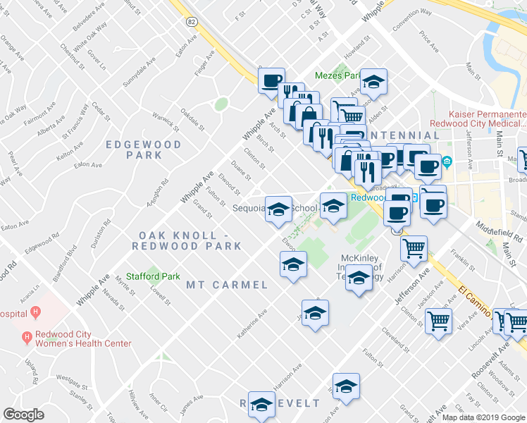 map of restaurants, bars, coffee shops, grocery stores, and more near 149 Elwood Street in Redwood City