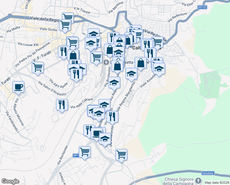 map of restaurants, bars, coffee shops, grocery stores, and more near 170 Via Napoleone Colajanni in Caltanissetta