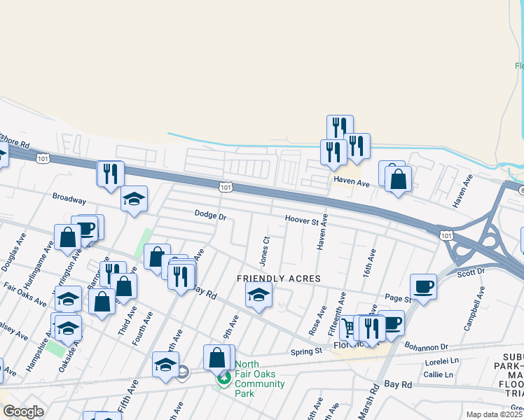 map of restaurants, bars, coffee shops, grocery stores, and more near 3279 Hoover Street in Redwood City