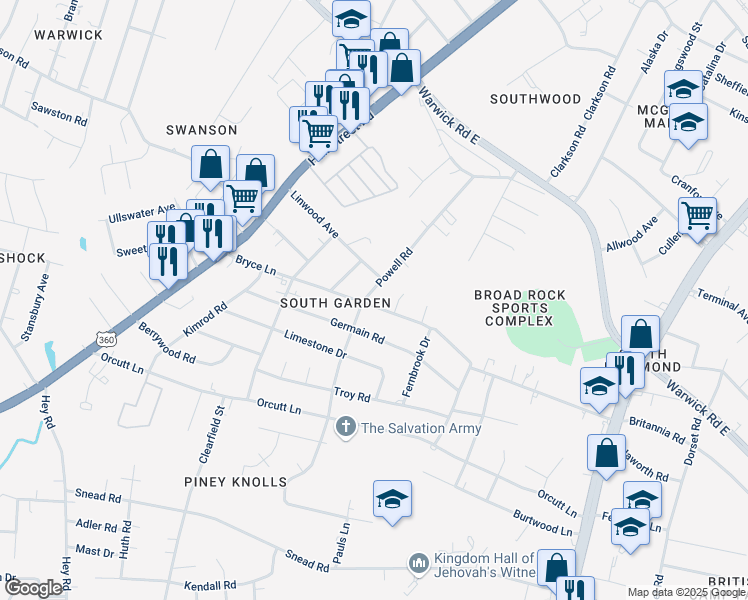 map of restaurants, bars, coffee shops, grocery stores, and more near 2013 Powell Road in Richmond