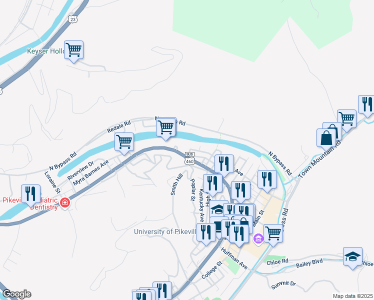 map of restaurants, bars, coffee shops, grocery stores, and more near 563 Hambley Boulevard in Pikeville