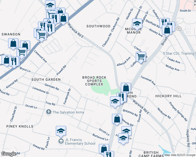 map of restaurants, bars, coffee shops, grocery stores, and more near 4825 Old Warwick Road in Richmond