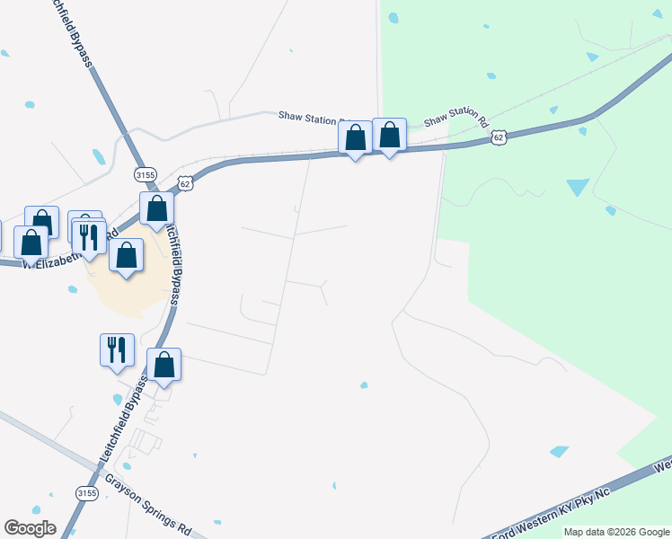 map of restaurants, bars, coffee shops, grocery stores, and more near 135 Farmview Lane in Leitchfield