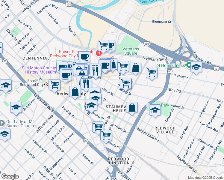 map of restaurants, bars, coffee shops, grocery stores, and more near 326 Hilton Street in Redwood City