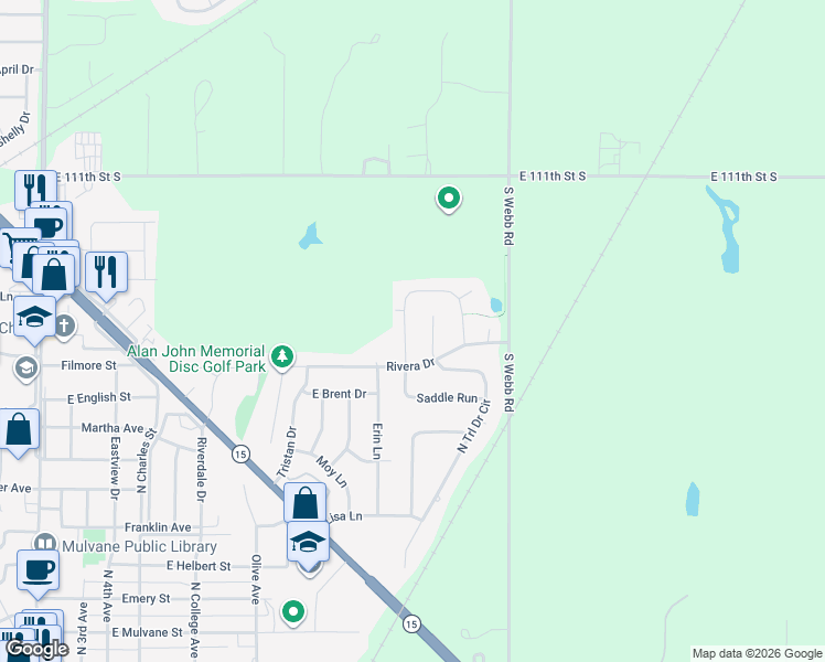 map of restaurants, bars, coffee shops, grocery stores, and more near 914 Cedar Brook Circle in Mulvane