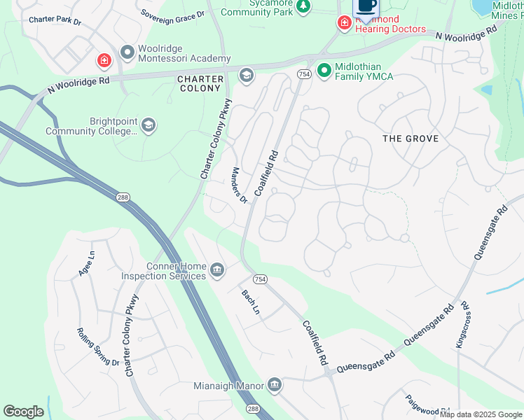 map of restaurants, bars, coffee shops, grocery stores, and more near 1407 Hawkins Wood Circle in Midlothian