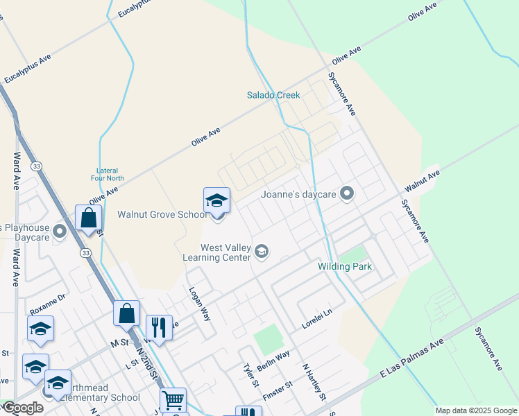 map of restaurants, bars, coffee shops, grocery stores, and more near 673 Dorset Drive in Patterson