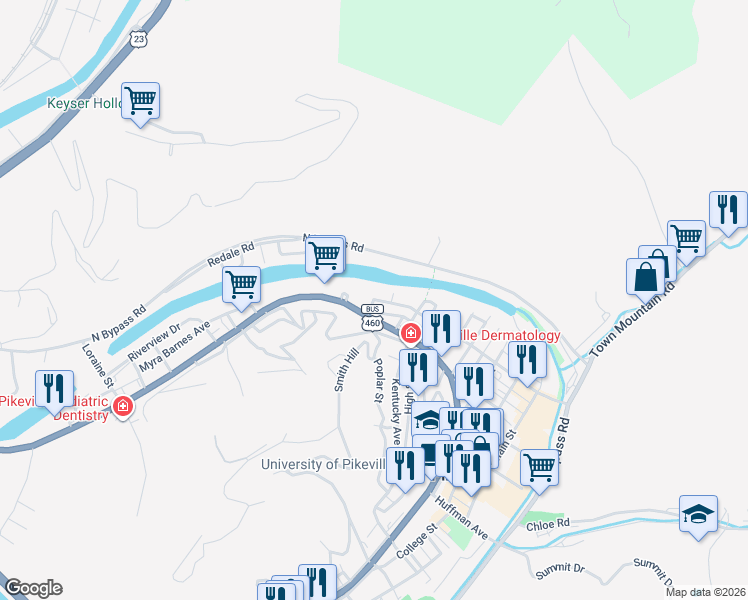 map of restaurants, bars, coffee shops, grocery stores, and more near 299 Scott Ave in Pikeville